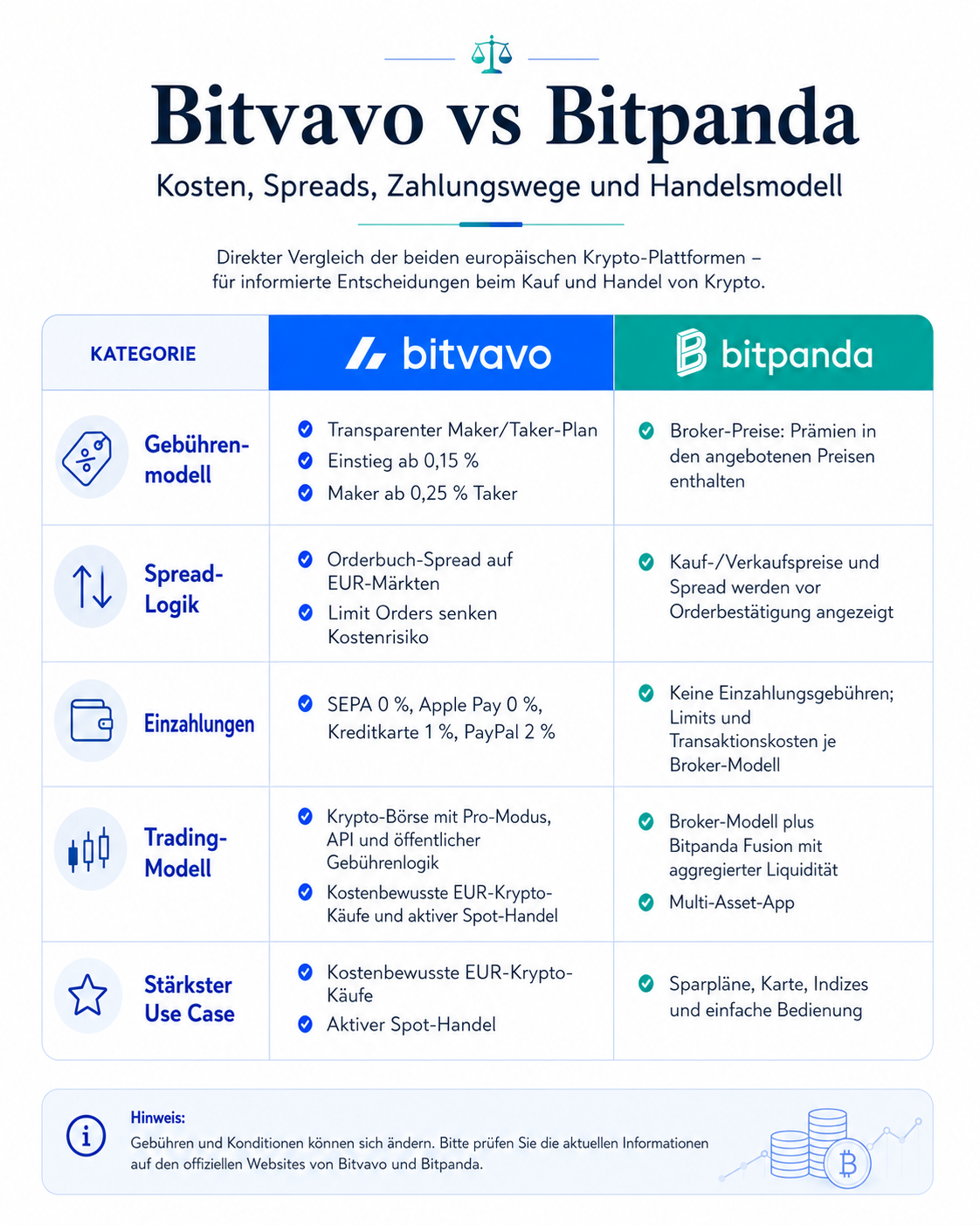 Bitvavo vs Bitpanda: Überblick über die wichtigsten Unterschiede zwischen Bitvavo und Bitpanda.