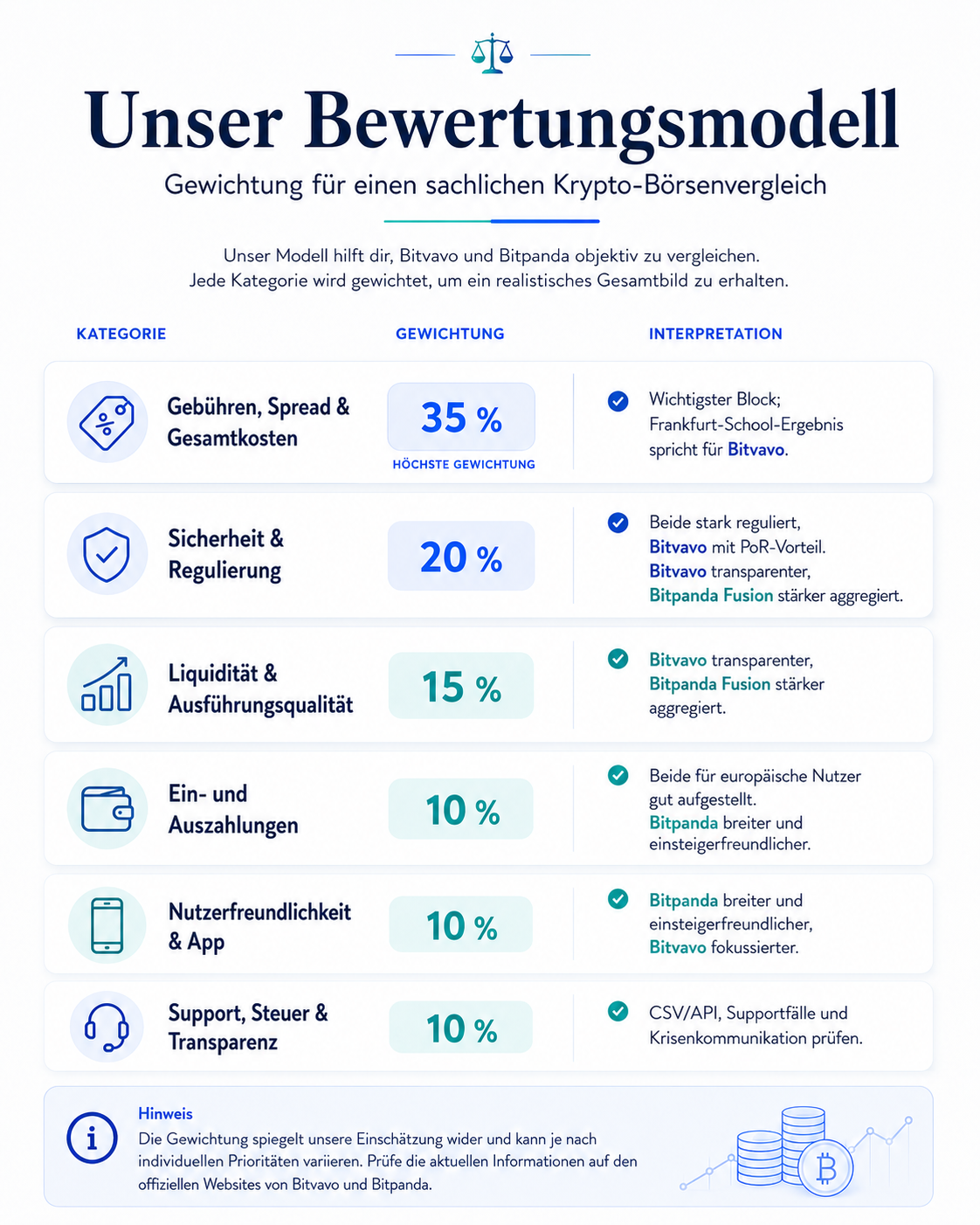 Bitvavo vs Bitpanda: Ein seriöses Bewertungsmodell gewichtet Kosten, Sicherheit und Ausführung höher als Bonusprogramme.